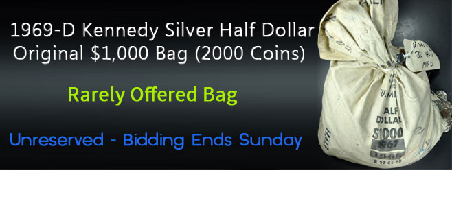 View the 1969 D Kennedy Silver Half Dollar Original $1000 Bag 2000 Coins at GreatCollections